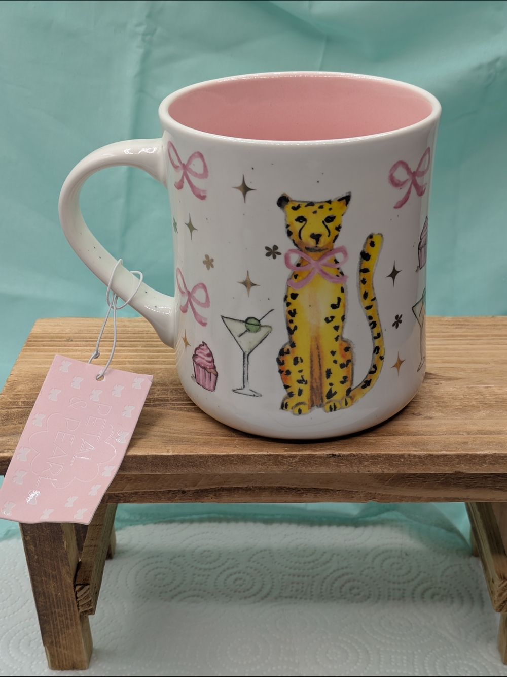 Ceramic Leopard Print Mug with Pink Interior and Bow Accents
